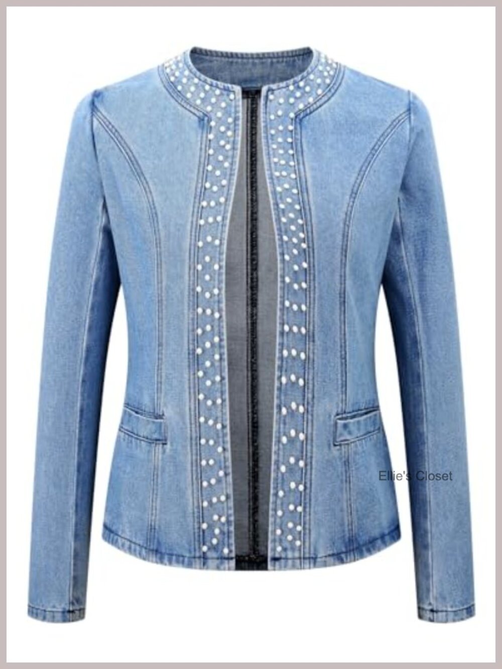 Pearl Trim Denim Jacket Women Long Sleeve Collarless Rivet Short Jean Coat